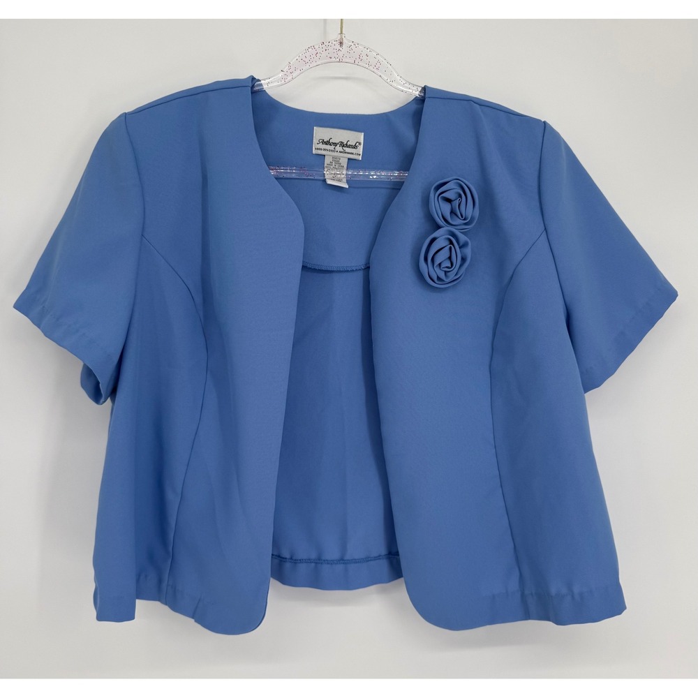 Anthony Richards Womens Blue Short Sleeve Rosette Open Front Bolero Jacket Sz 18